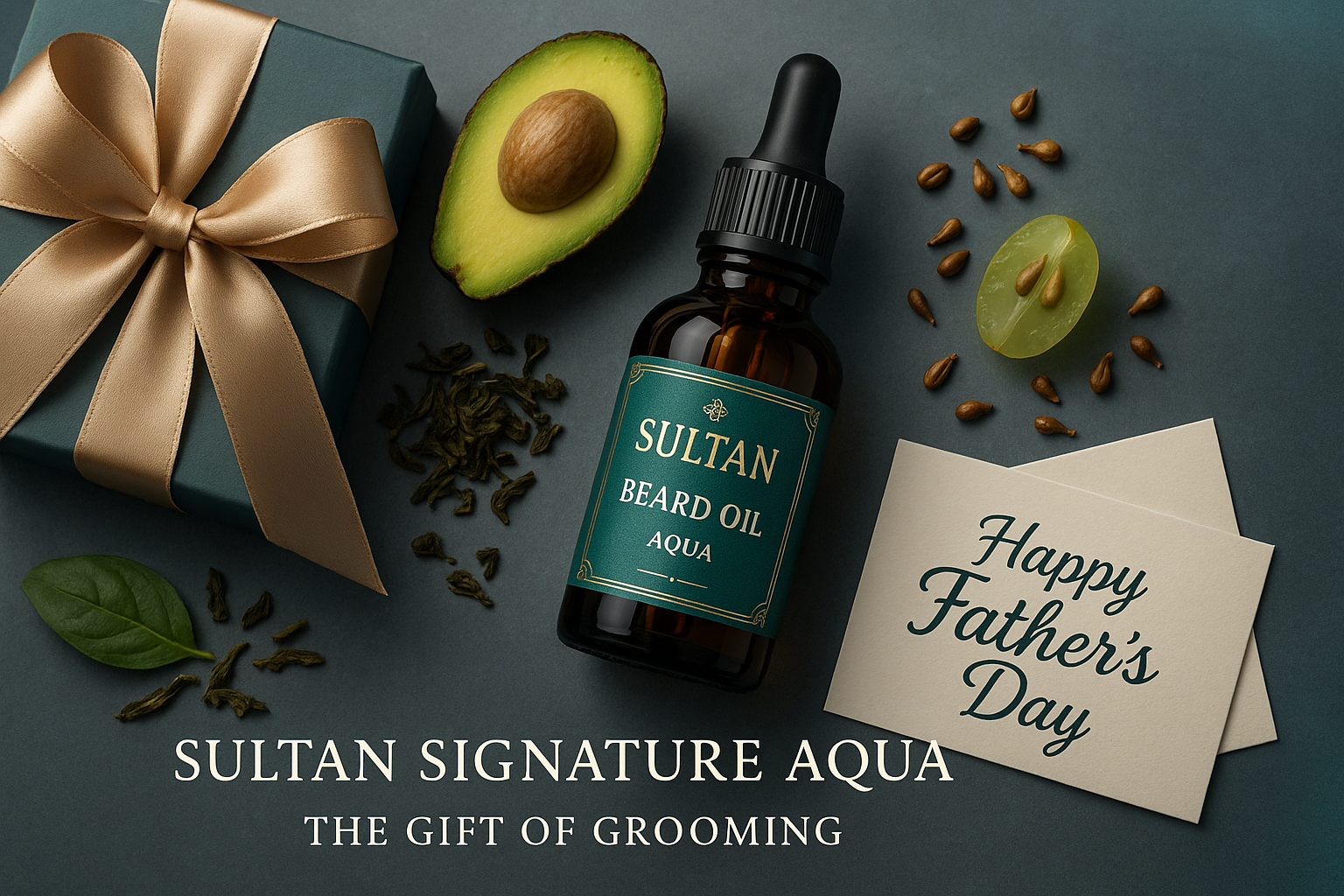 Flat lay of Sultan Signature Beard Oil Aqua bottle with natural ingredients like avocado, green tea leaves, grape seeds, and a “Happy Father’s Day” card, alongside a gift box with a golden ribbon. Text reads: “Sultan Signature Aqua – The Gift of Grooming.” Perfect Father’s Day grooming gift.